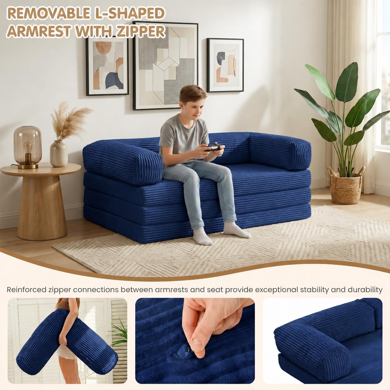 Convertible Sofa Bed Queen,5-in-1 Boneless Couch with Removable Armrests & Handle,Corduroy Futon Sleeper Sofa,Floor Folding Mattress Pull Out Bed for Small Space Apartment Living Room Bedroom,Blue