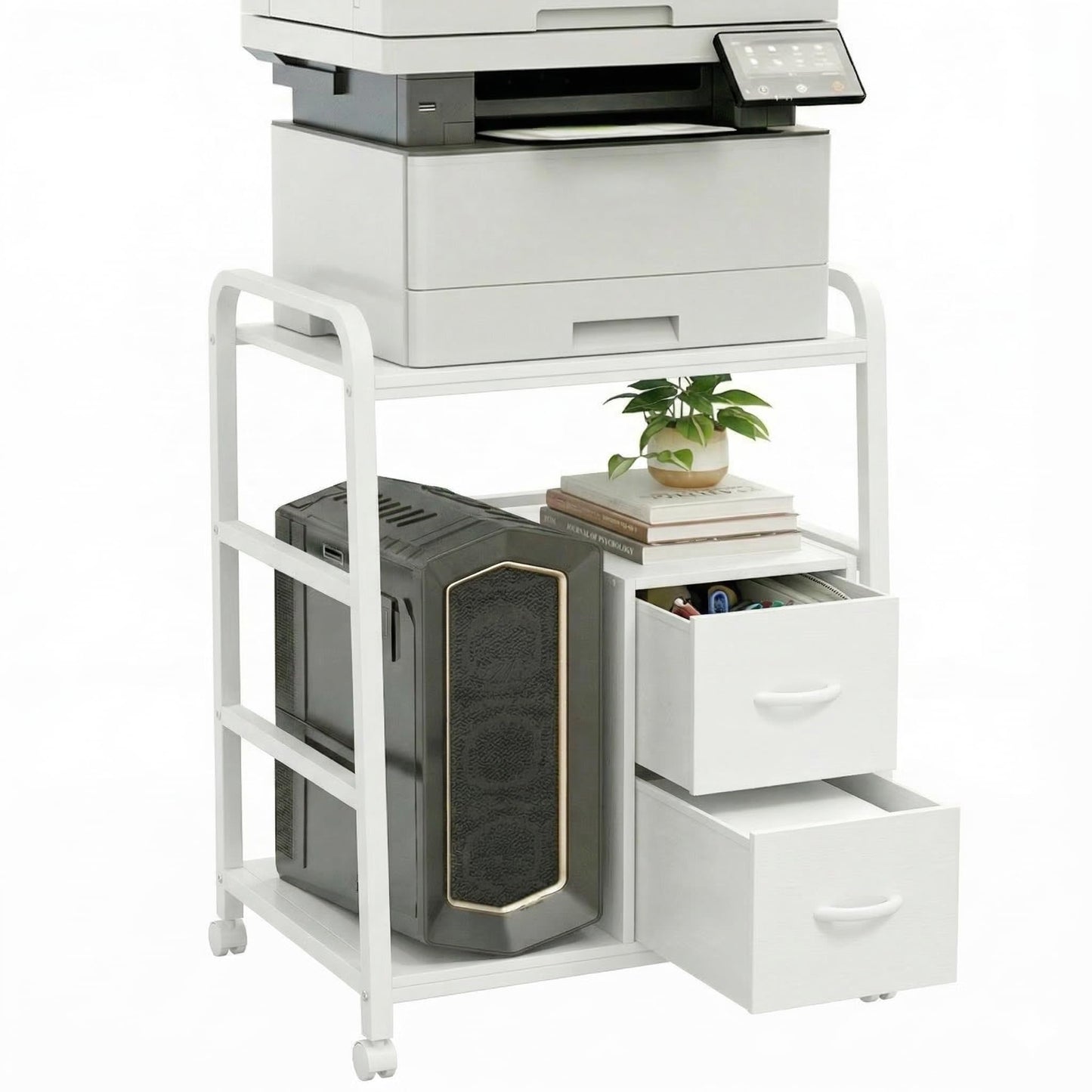 ZEXVIDA Printer Stand Featuring Fabric Drawers, Under Desk Host Computer Cabinet and Shredder Shelf, Heavy Duty Printer Stand with Storage Workstation Organization Printer Table for Home Office