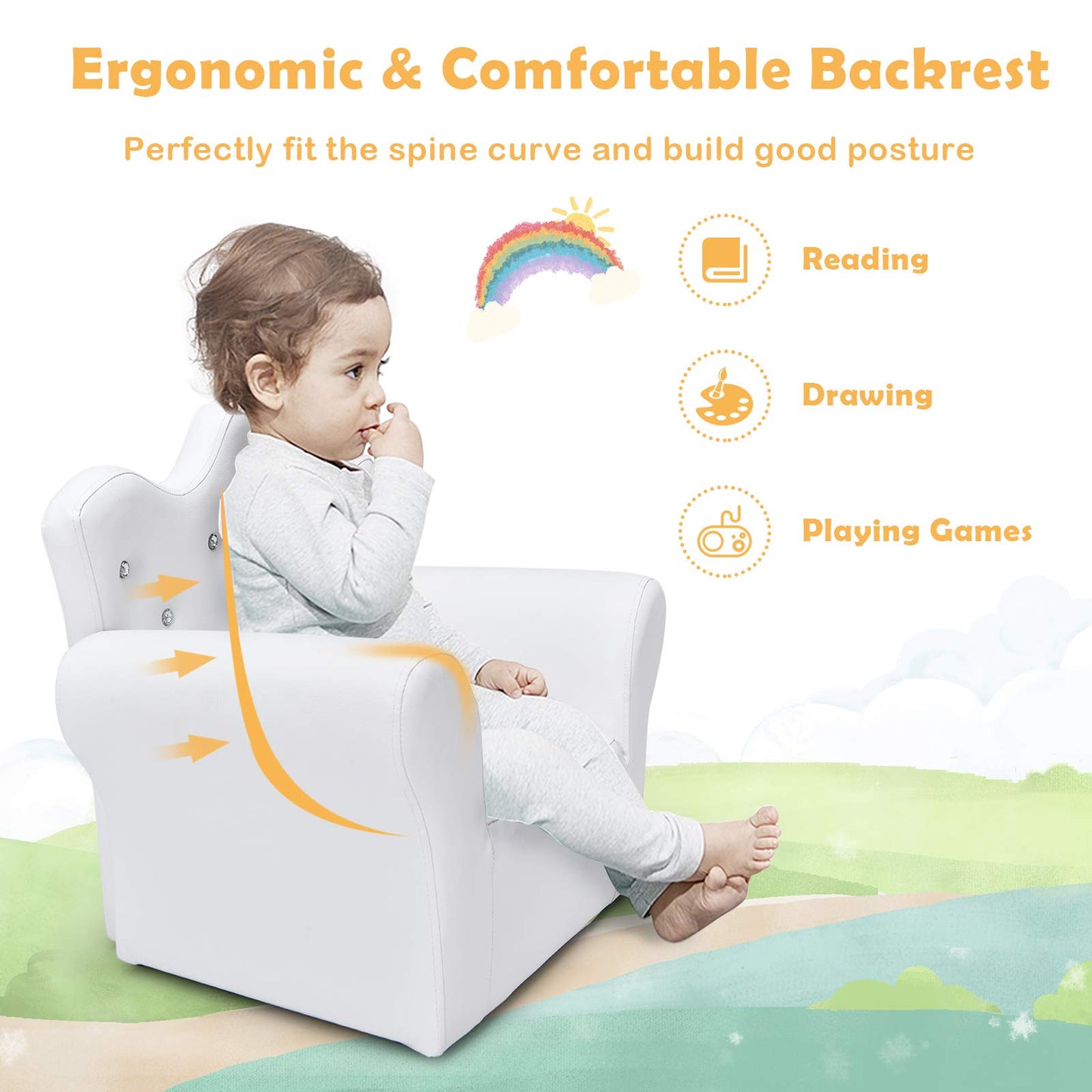 Costzon Kids Sofa, Children Upholstered Sofa with Ottoman, Princess Sofa with Diamond Decoration, Ottoman, Smooth PVC Leather Toddler Chair, Kids Couch for Preschool Boys and Girls Gift (White)