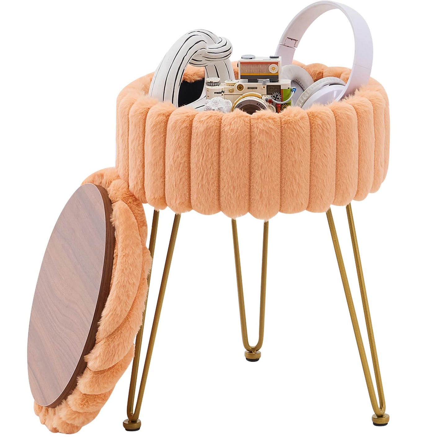 Wimarsbon Vanity Stool with Storage, Faux Fur Ottoman Chair with Metal Legs, Round Makeup Vanity Chair for Bedroom or Dressing Table, Modern Small Ottoman Seat (Orange)