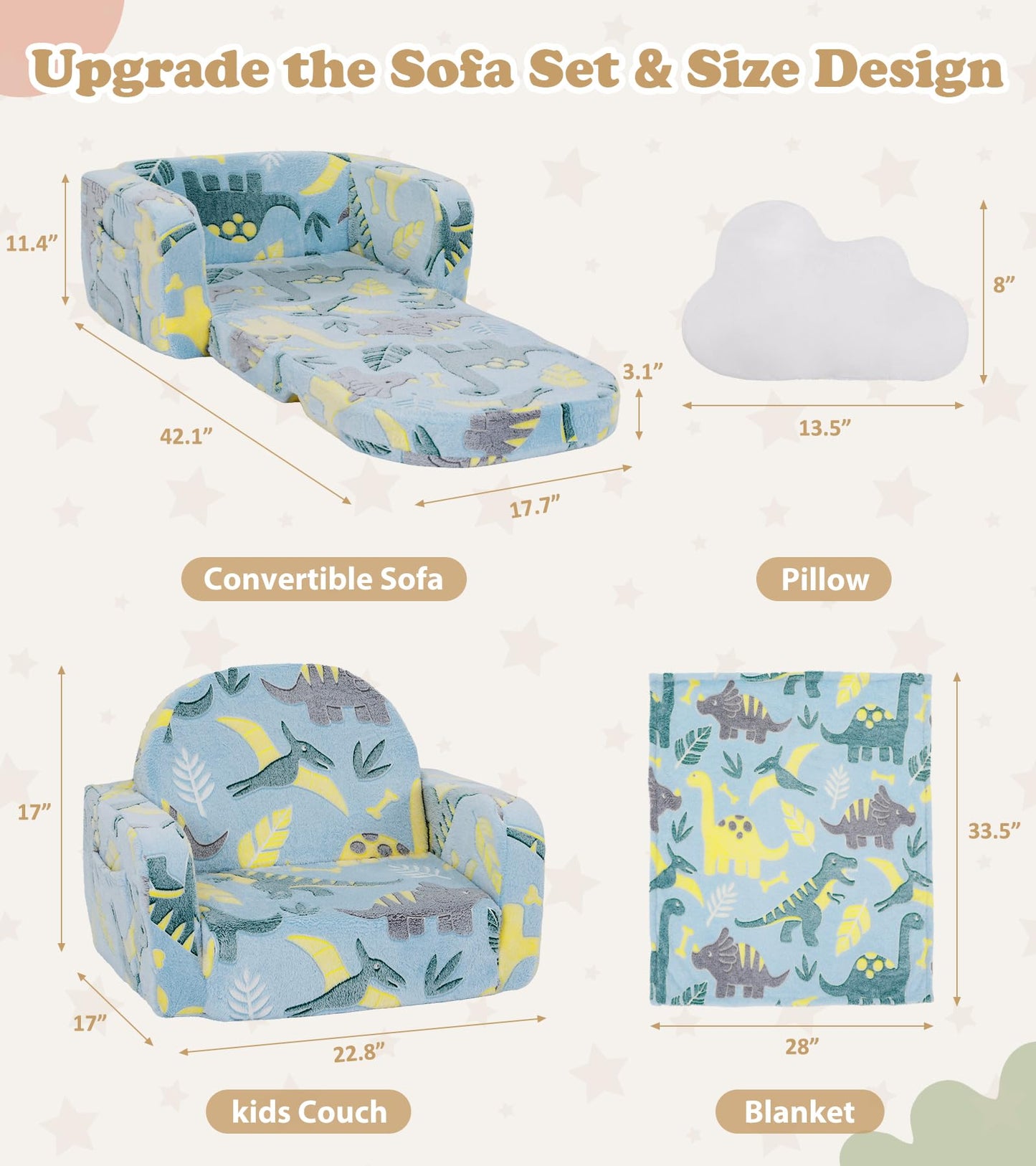 Kids Couch, 2-in-1 Soft Toddler Couch Fold Out with Blanket and Cloud Pillow, Glow in The Dark, Toddler Chair Comfy, Convertible Sofa, Gifts for Kids Girl Boys, Medium Dinosaur