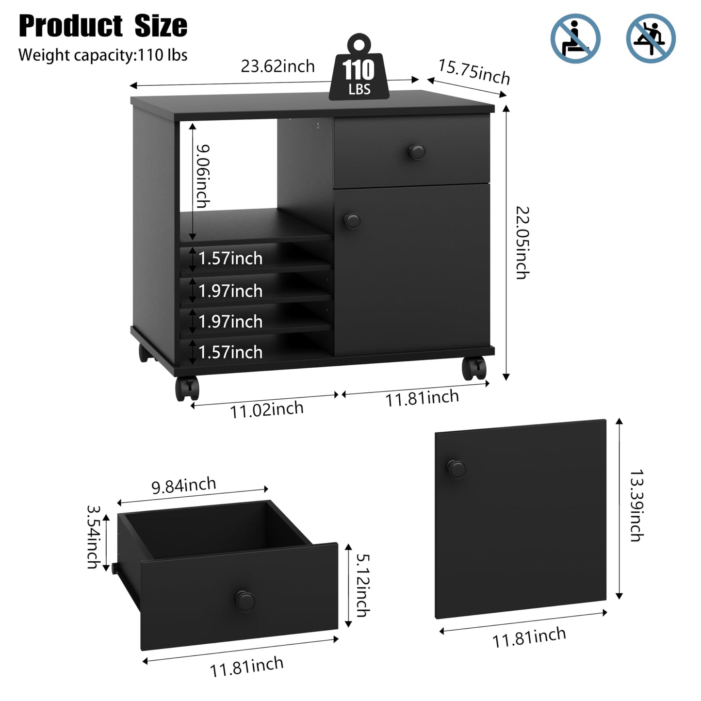 Quikraen Wooden Rolling File Cabinet Black Mobile Lateral Office Filing Cabinets with Doors and Open Adjustable Shelves Lateral Printer Stand with Drawer for Office Supplies