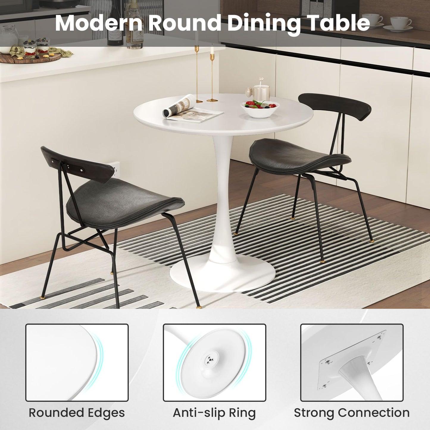 Giantex White Round Dining Table, 32-inches Modern Tulip Kitchen Table with 0.9” Thickened Tabletop & Sturdy Metal Pedestal, Mid-Century Leisure Table for Small Places, Dining Room, Living Room, Cafe