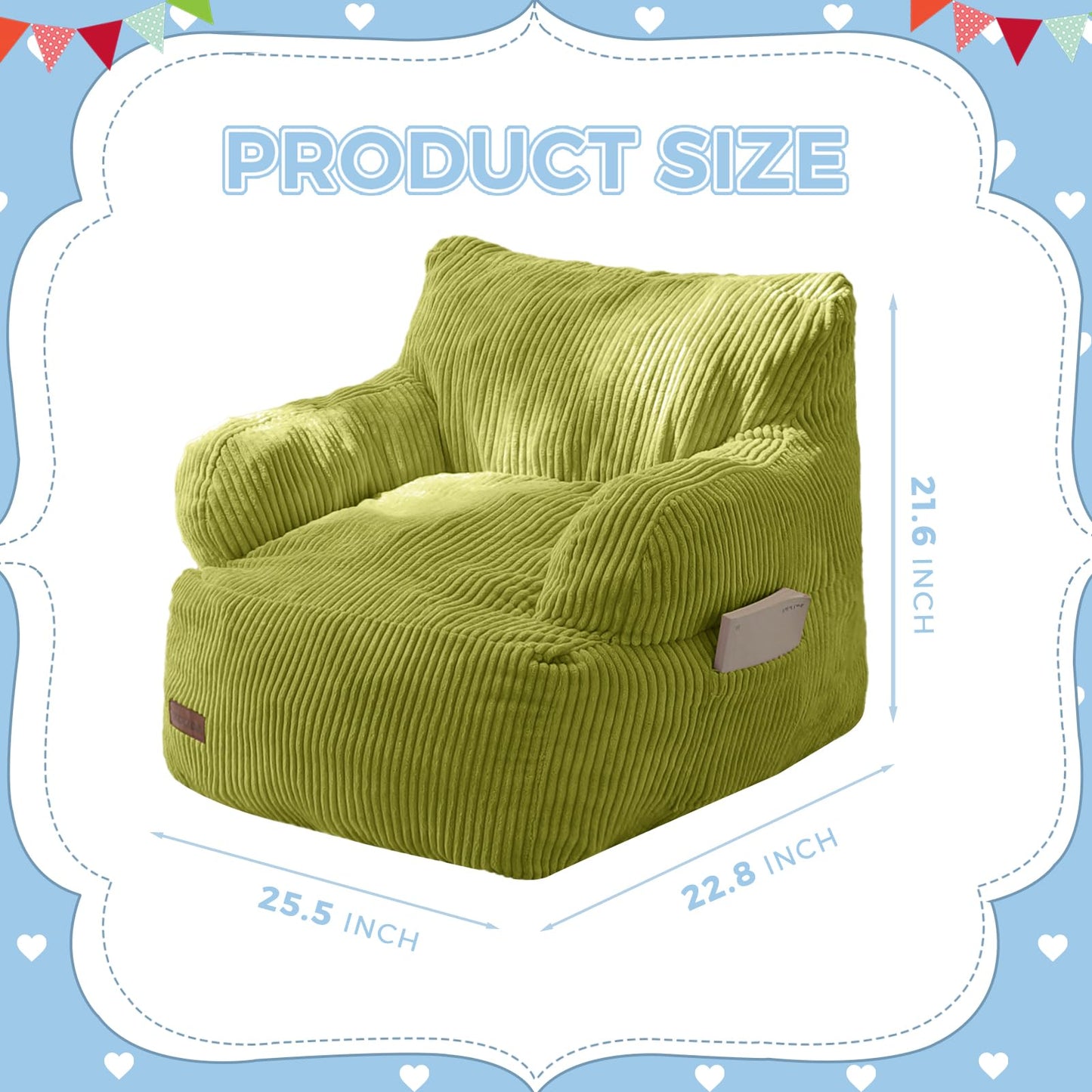 MAXYOYO Kids Bean Bag Chair, Stuffed Toddler Bean Bag Sofa with Filler Bean Bag Chair for Boys and Girls, Lazy Sofa with Pocket Floor Chair for Gaming, Reading, Green
