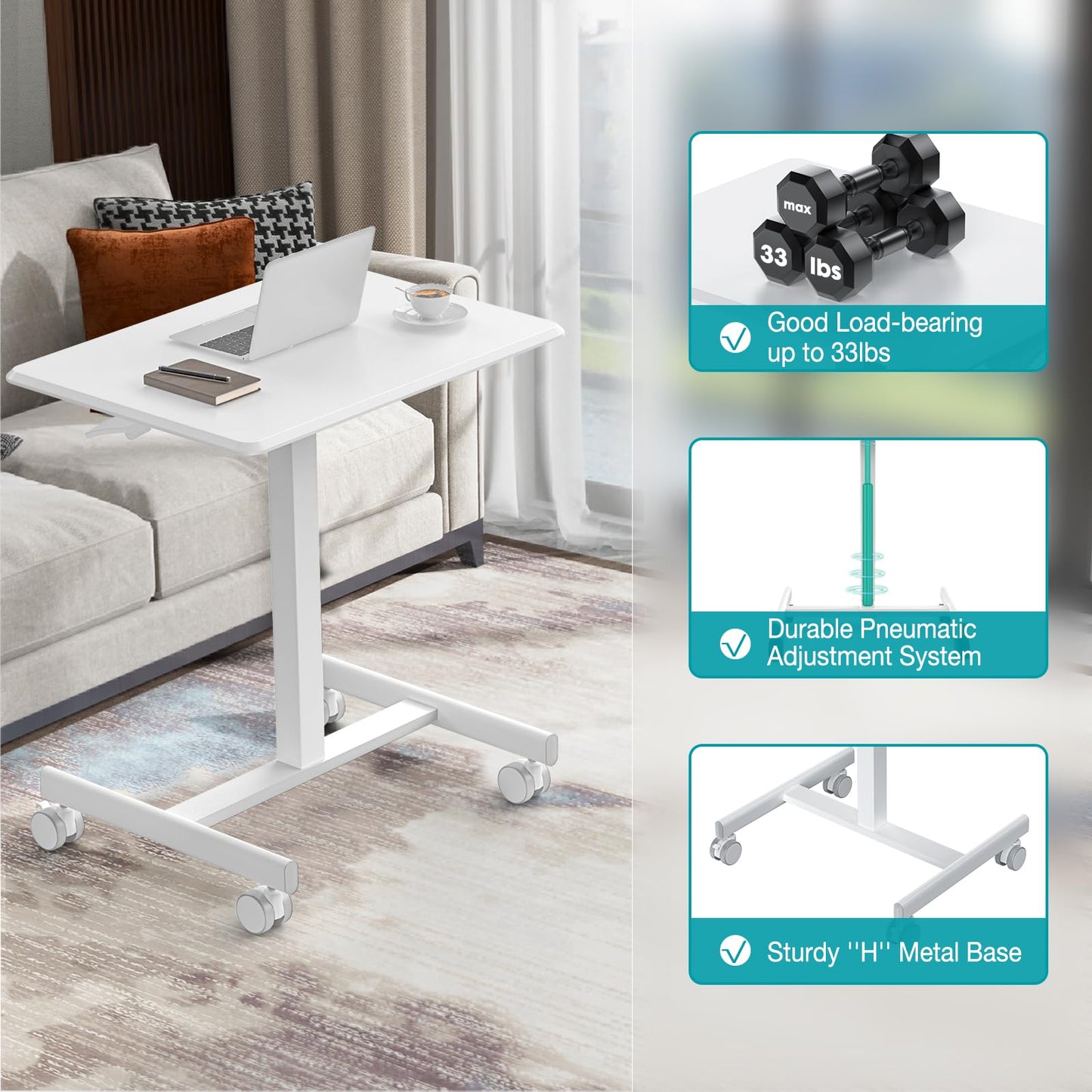 DUMOS Small Standing Desk Mobile Portable Rolling Laptop PC Table on Wheels Adjustable Height Computer Workstation for Home Office, Compact Small Space, Easy Assembly, 19 Inch, Modern White