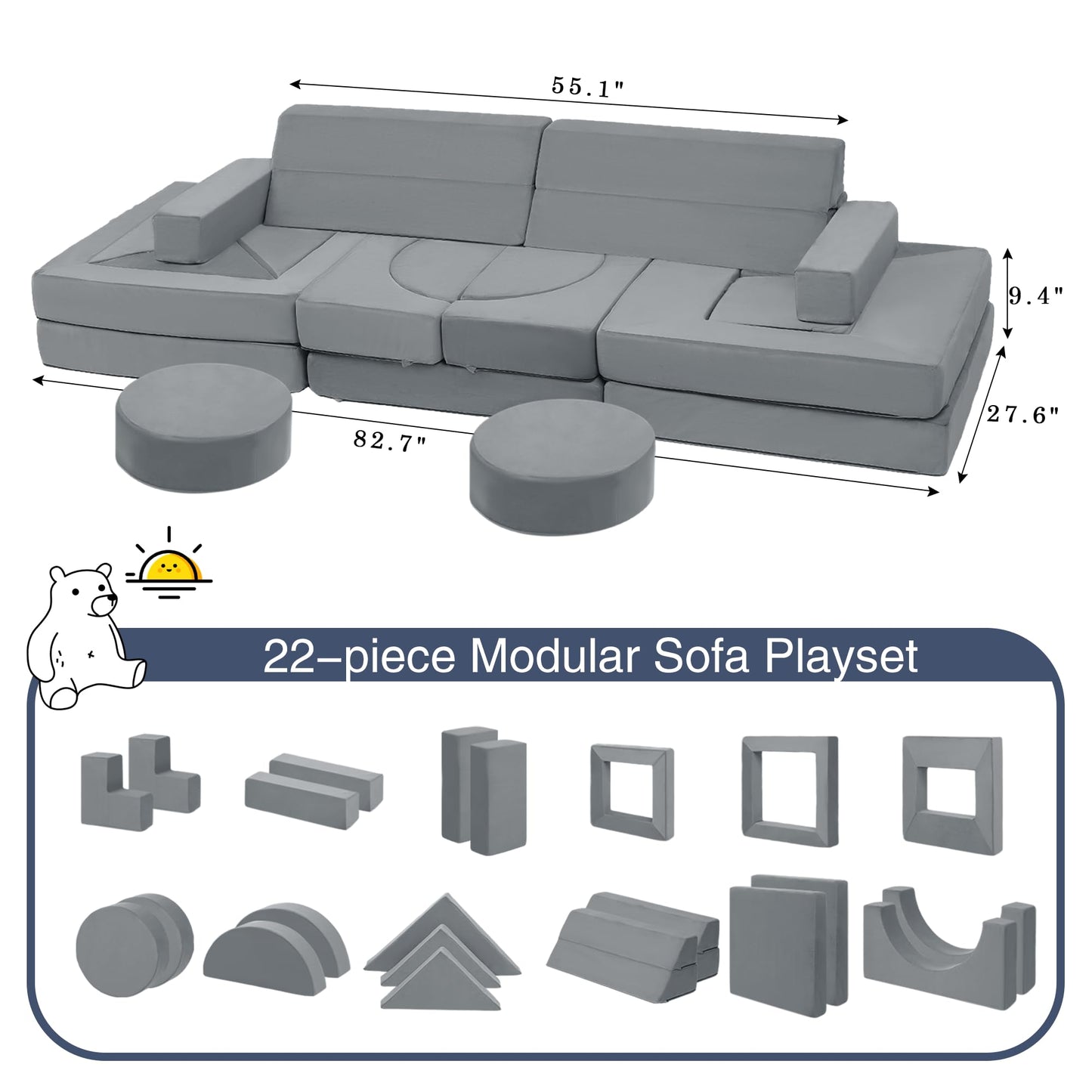 Edbuosy 22Pcs Modular Kids Play Couch - Kids Couch for Playroom Bedroom Living Rooms Toddler Sofa for Inspiring Child Creativity，Children Convertible Foam Sofa