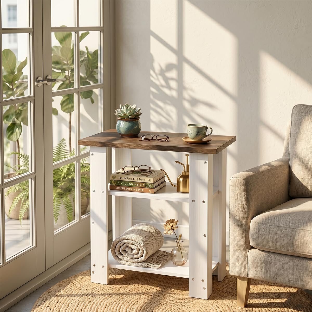 ZEXVIDA White Side Table with Oak Top, 3 Tier Modern Farmhouse End Table, Narrow White Nightstand for Bedroom, Nursery, Living Room, Coastal Small Bedside Table with Storage Shelves, 22.8" H