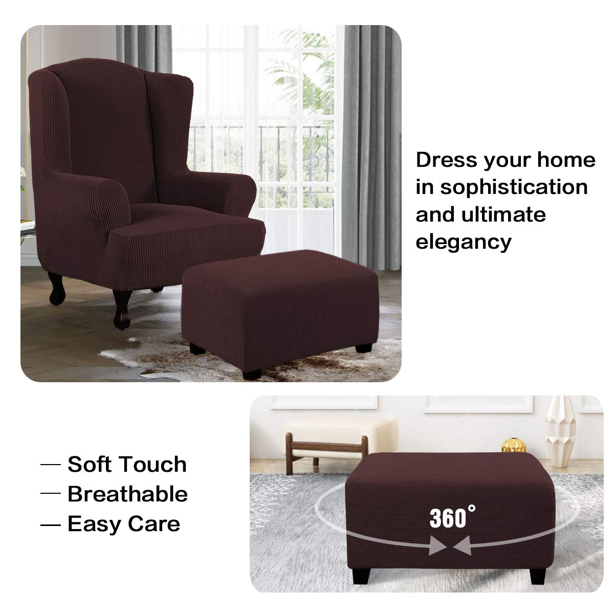 H.VERSAILTEX Ottoman Cover Slipcover Rectangle Fit Length 29'-34' Footrest Sofa Slipcovers Stool Cover Footstool Protector Covers Feature Stretch Thick Soft Jacquard Fabric Washable - Chocolate