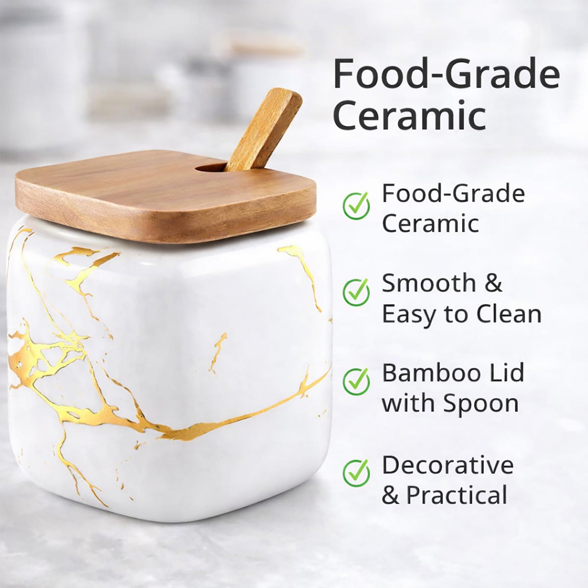 KIDYBELL Ceramic Spice Jars Porcelain Condiment Jars Set Marble Ceramic Seasoning Box 3pcs Condiment Pots for salt, sugar, pepper Kitchen Seasoning Condiment Jar Set
