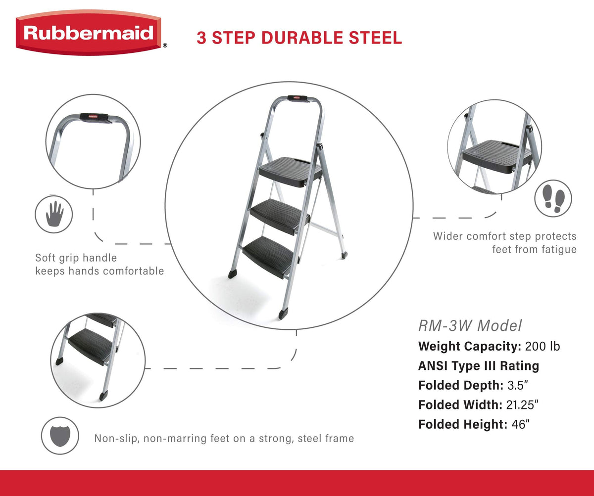 Rubbermaid 3-Step Steel Ladder,Folding Step Stool with Hand Grip and Non-Slip Feet, Silver, Tested to ANSI US Safety Standards, No Assembly Required