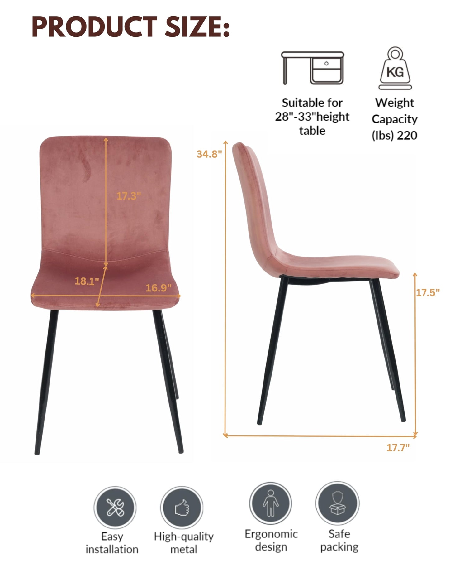 FurnitureR Scandinavian Dining Chairs Set of 4, Comfy Side Chair with Velvet Seat Sturdy Metal Legs for Kitchen Living Bed Room, Rose