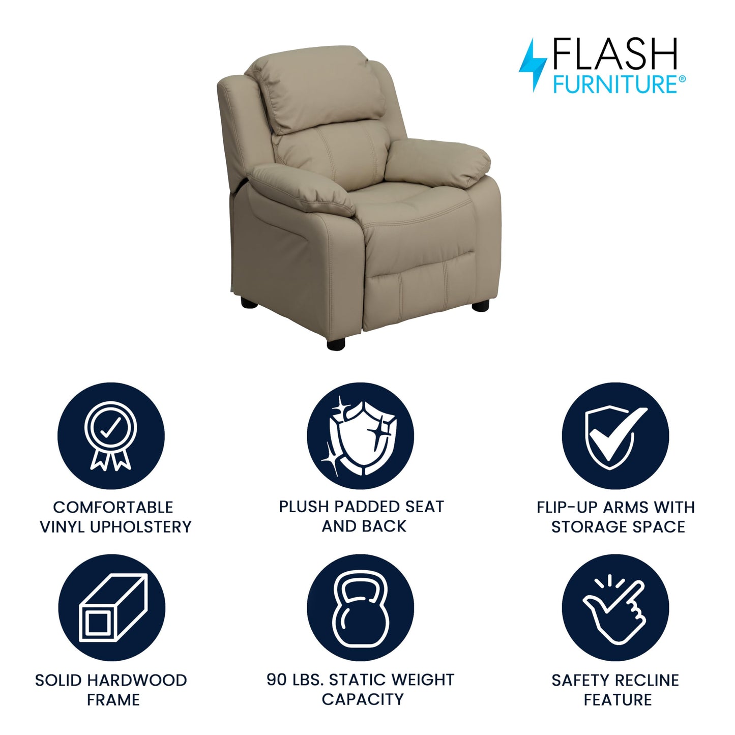 Flash Furniture Charlie Vinyl Kids Recliner with Flip-Up Storage Arms and Safety Recline, Contemporary Reclining Chair for Kids, Supports up to 90 lbs., Beige