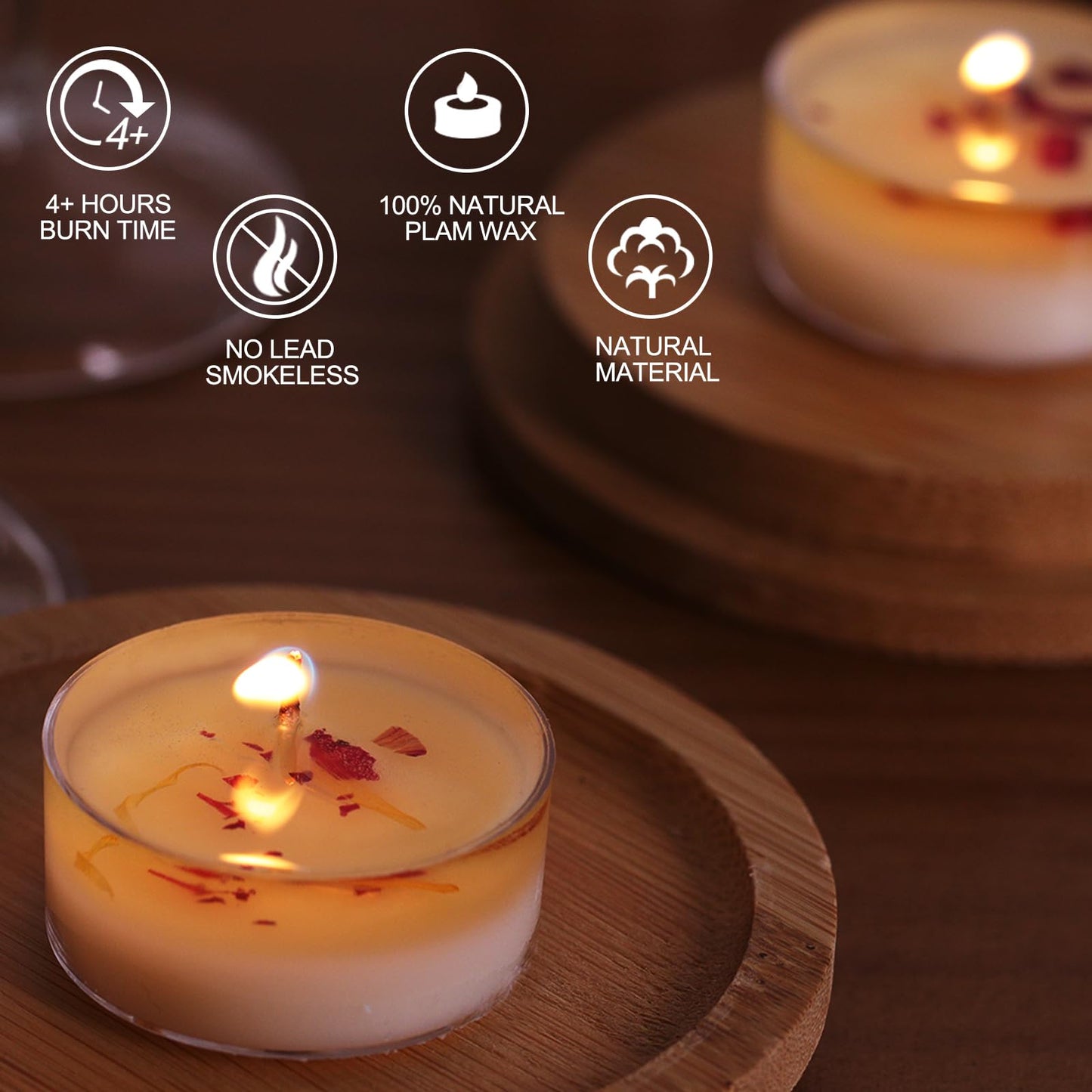 48Pcs Rose Scented Tealight Candles, Palm Wax White Tea Lights, 4h Long Burning Tea Light Candles with Dried Flowers for Holiday, Wedding, Spa, and Home Decoration