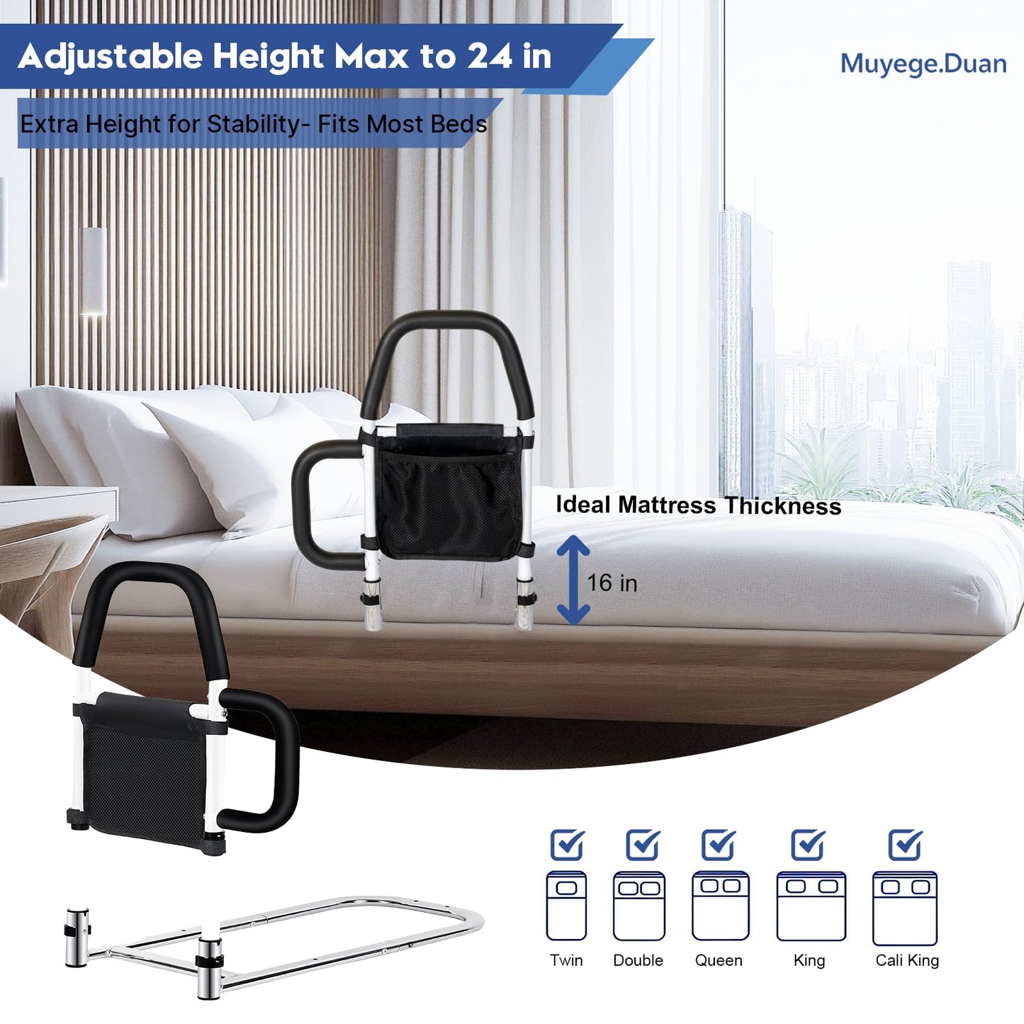 Muyege.Duan Bed Rail for Elderly Adults – Adjustable Bed Assist Handle with Non-Slip Foam Grip, Storage Pocket & Safety Strap Tool-Free Installation Bedside Rail for Seniors, Injured or Pregnant Users