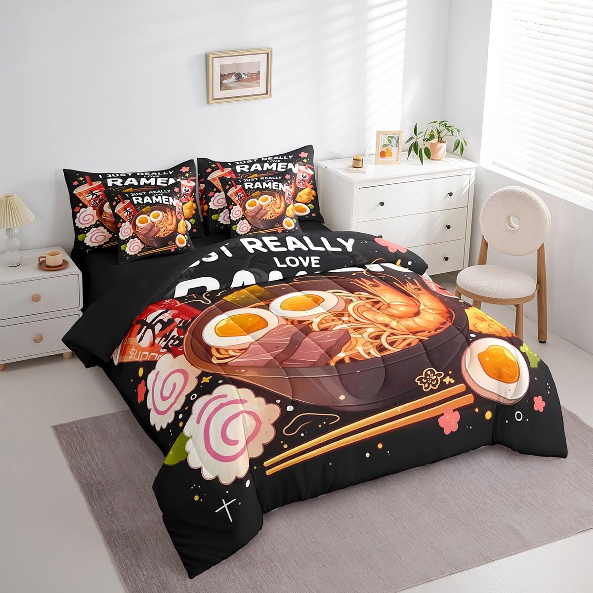 Erosebridal 7 Piece Ramen Noodle Queen Bedding Set,Japanese Style Anime Comforter Set with Sheets,Cherry Blossom Bed Set,Funny Food Themed Bed in a Bag Ramen Gifts for Kids Girls Boys Adults
