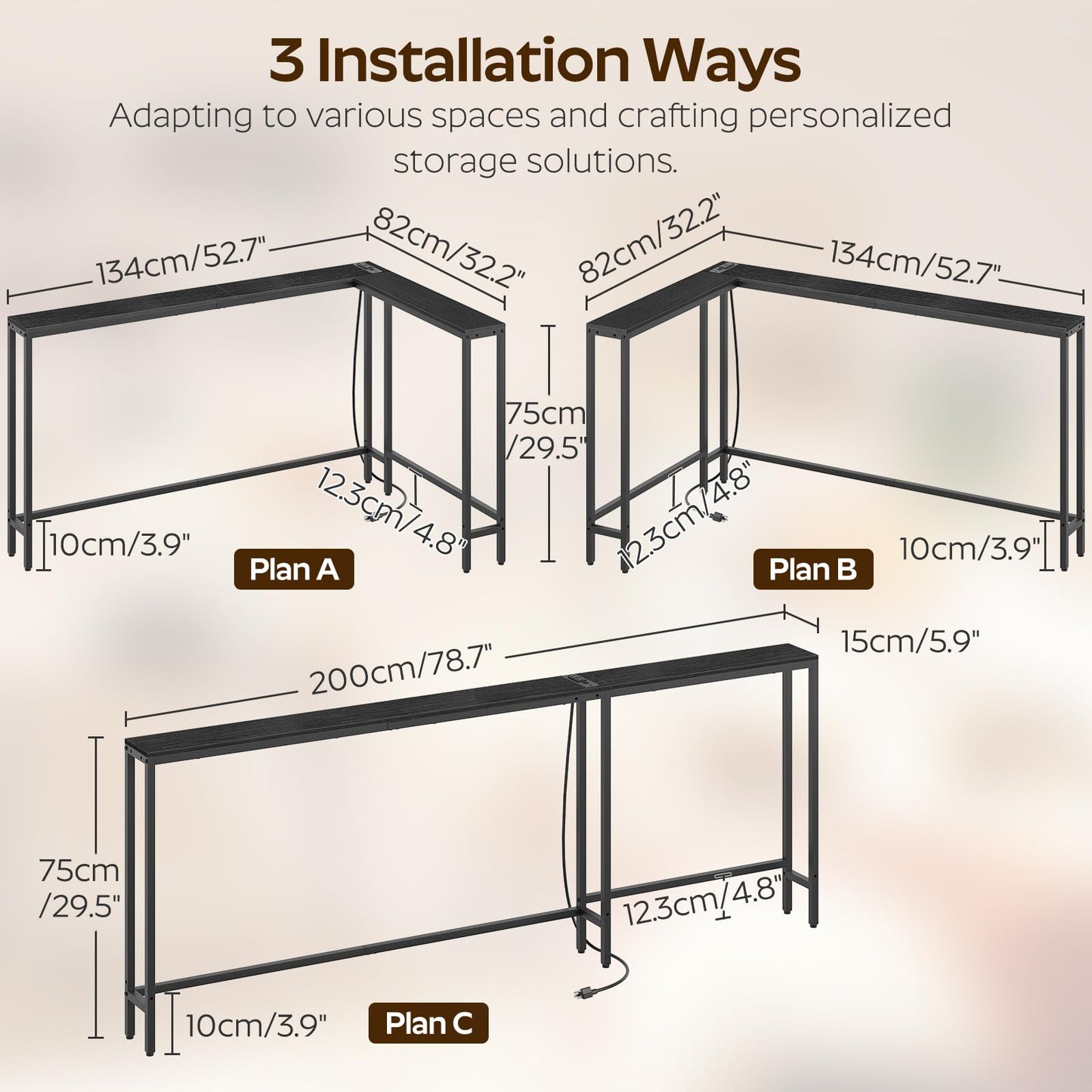 YATINEY Narrow Console Table with Outlets, 78.7" Sofa Table Narrow Long, L Shaped Behind Couch Entryway Table with Charging Station, for Living Room, Hallway, 3 Assembly Options, Black CT17UBB