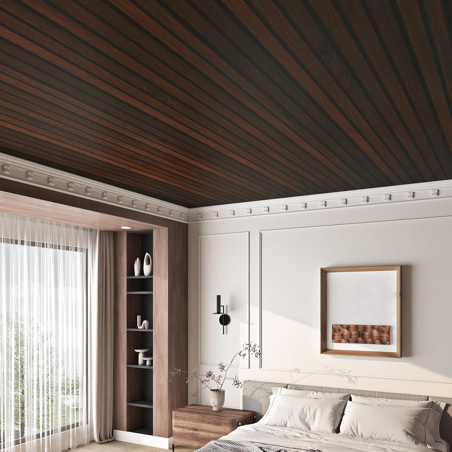 FunStick 24"x200" Slats Wood Wallpaper Peel and Stick Wall Paper Brown Walnut Slatted Wood Vinyl Self Adhesive Contact Paper Decorative for Cabinets Furniture Wooden Slat Wall Panels for Walls Bedroom