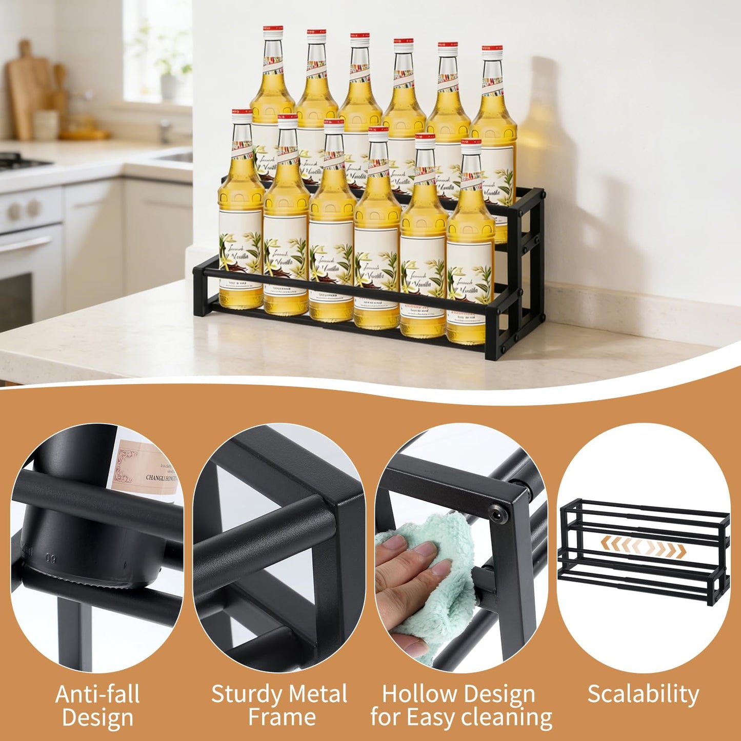 MegoSage Expandable Coffee Syrup Organizer – Adjustable 12.6"–22.8" Metal Liquor Bottle Display Shelf, Heavy Duty Coffee Bar Storage, Tabletop Wine Racks for Cafe, Home Bar, Kitchen (Black)