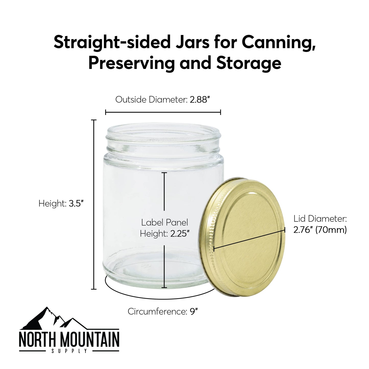 North Mountain Supply 9 Ounce Clear Glass Straight Sided Mason Canning Jars- With 70mm Black Plastic Lids - Case of 12