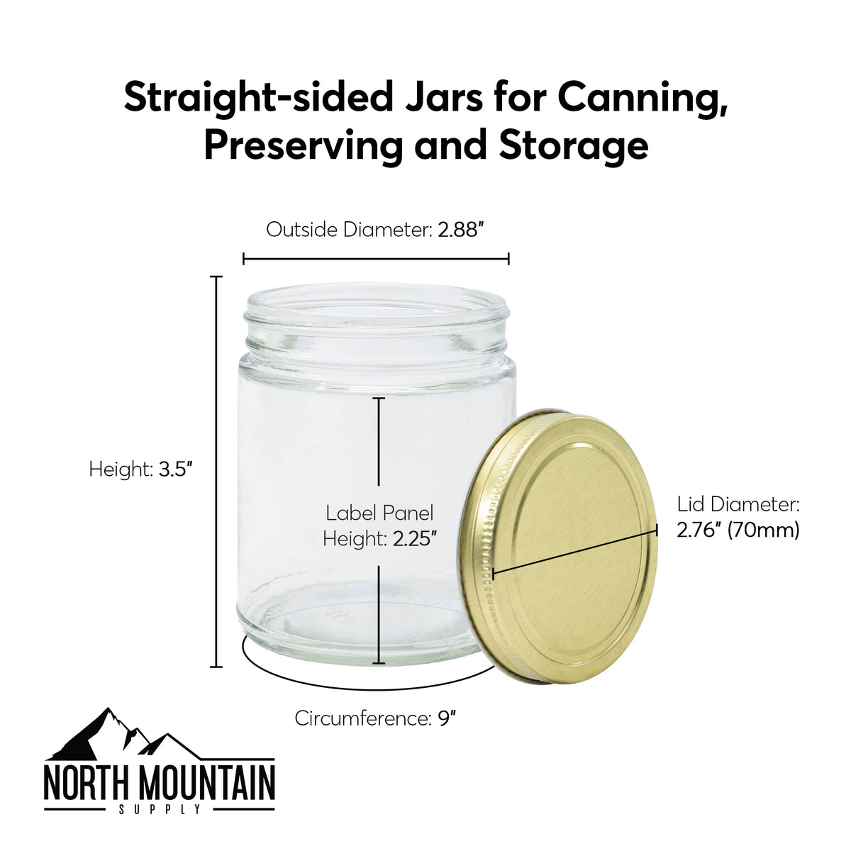 North Mountain Supply 9 Ounce Clear Glass Straight Sided Mason Canning Jars - with 70mm Black Metal Lids - Case of 12