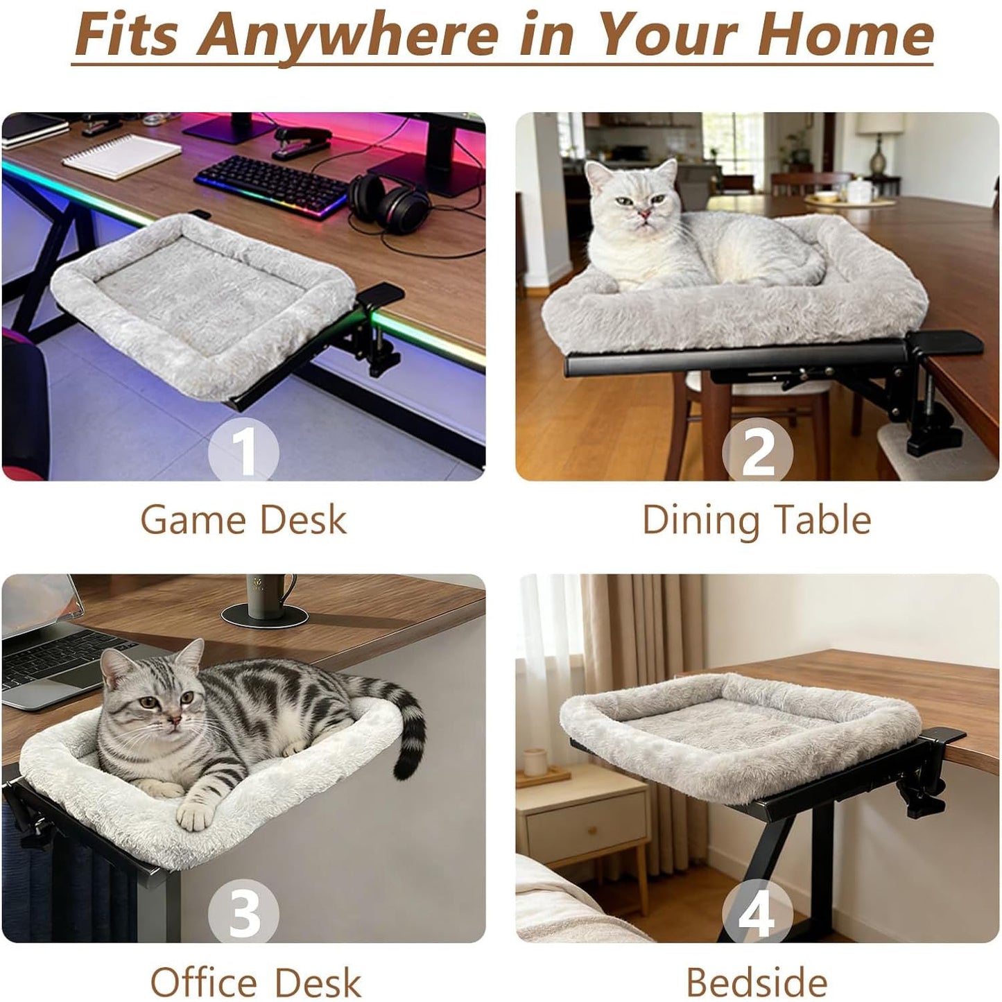 GREENSINDOOR Cat Desk Bed - One-Click Folding,Heavy Duty Cat Hammock Perch for Desk Holds up to 40 lbs, Soft Faux Rabbit Fur Material, Suitable for Various Desktops-Removable & Washable,21"x17", Gray