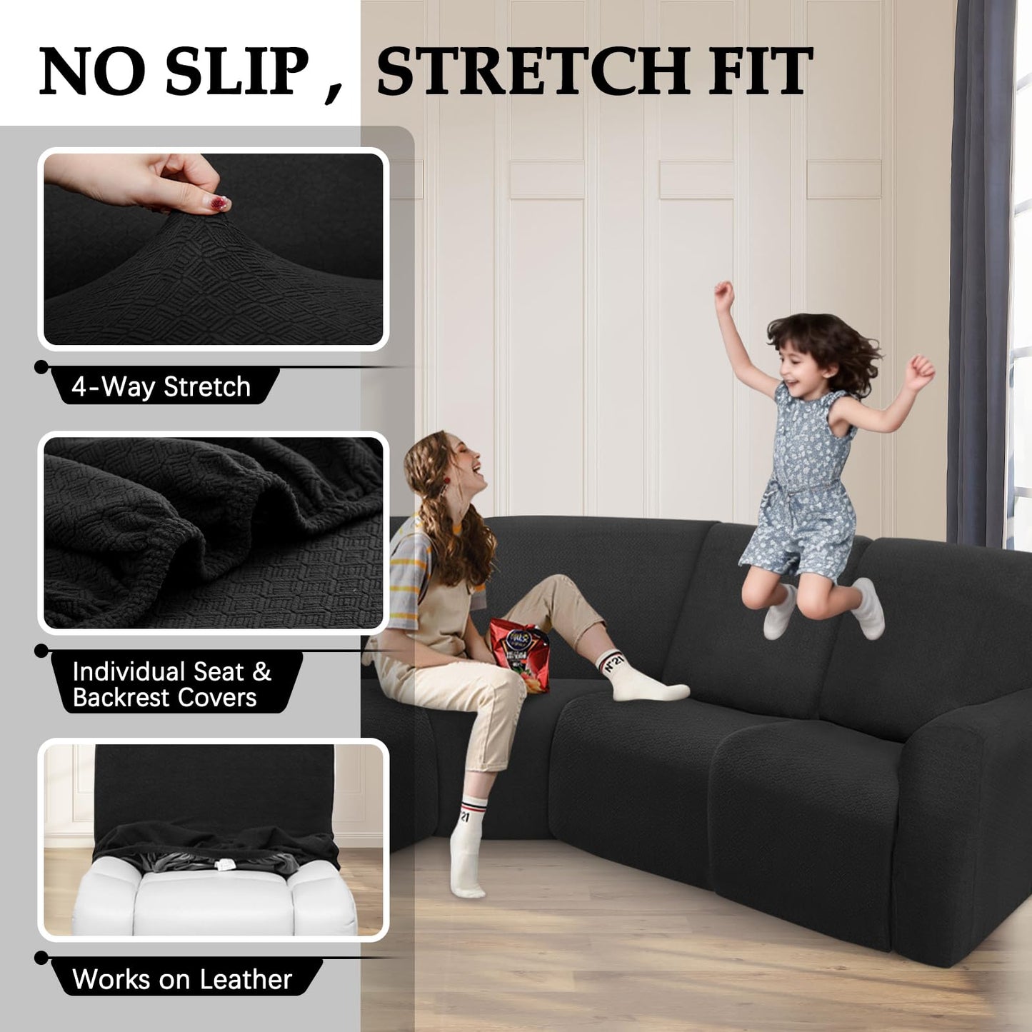 ROFASVCO Reclining Sectional Couch Covers L Shape Waterproof Washable Recliner Sofa Cover for L Shaped Sectional Super Stretch Corner Recliner Slipcovers (5 Seater Cover, Dark Black)