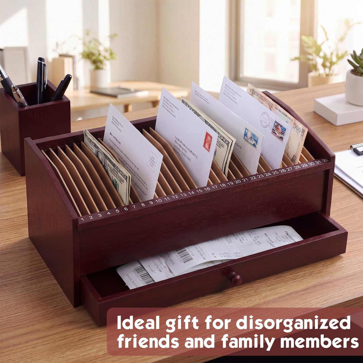 Teecyhooo Wood Desktop Organizer with Drawer, 17 Inch 32 Section Bill & Mail & File Organizer Storage for Office Desk, Desktop Mail Holder and Office Supplies Storage, Letter and Paper Sorter(Brown)