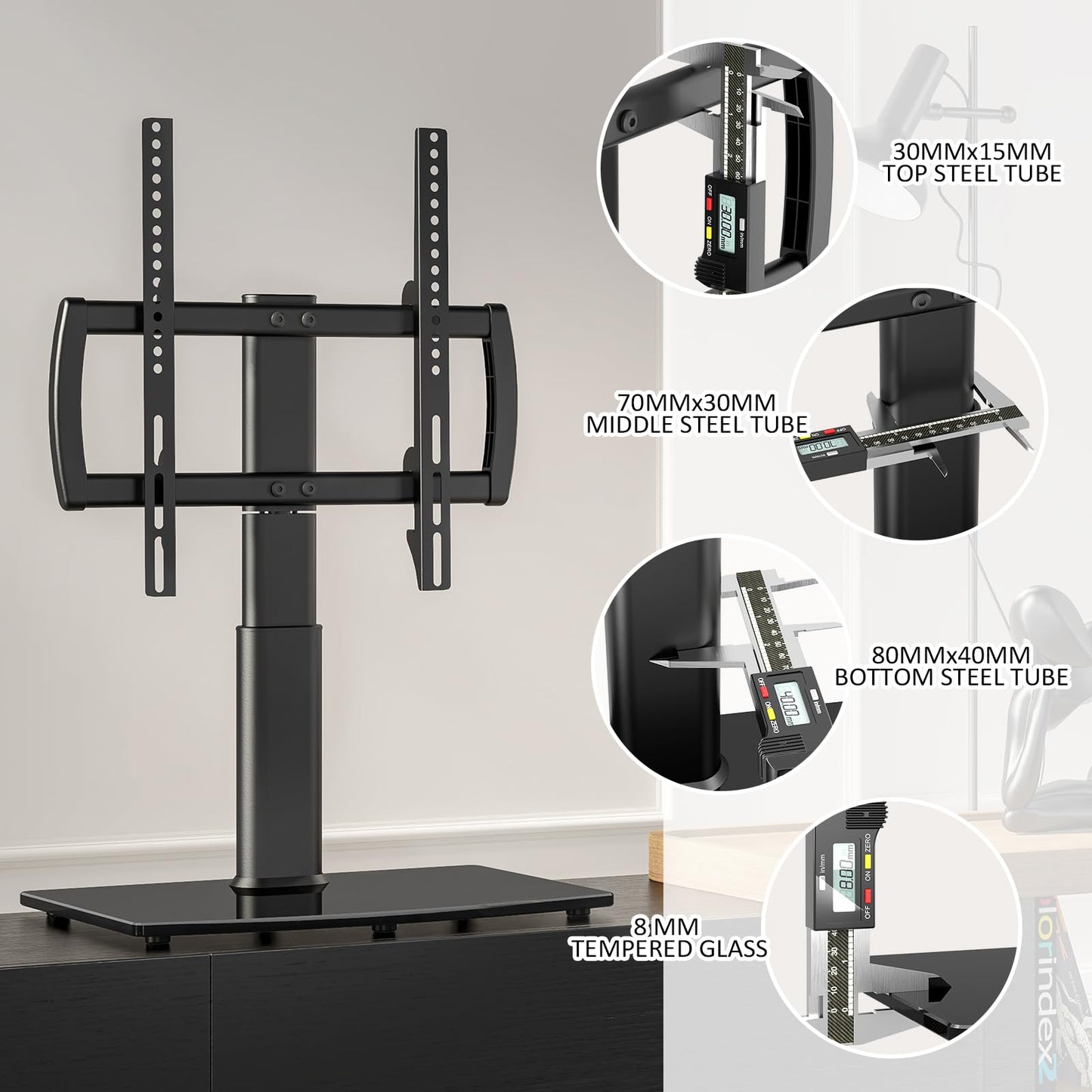 Universal Swivel/Table Top TV Stand 27 to 60 inch TVs 80 Degree Swivel, 4 Level Height Adjustable, Heavy Duty Tempered Glass Base, Holds up to 99lbs Screens, HT04B-001
