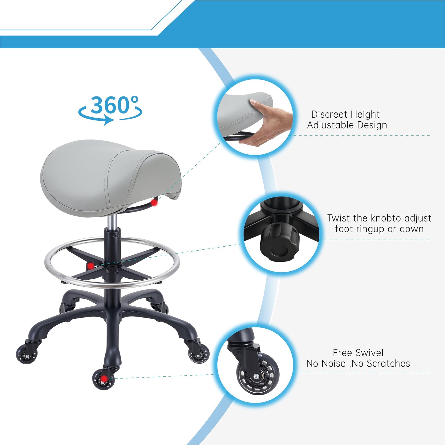 Coczeb Saddle Salon Stool with Footrest,Heavy Duty, Adjustable Height((22.5" -30.7 "), Rolling Esthetician Chair for Tattoo Spa Medical Dentist Clinic(Gray)