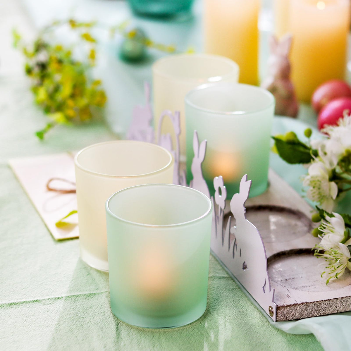 SYFURNIX Spring Votive Candle Holder Set, Includes 4 Glass Candle Holders & 1 Wooden Tray with Metal Bunny Decor for Table Centerpiece Decorations and Indoor Outdoor Home Decor