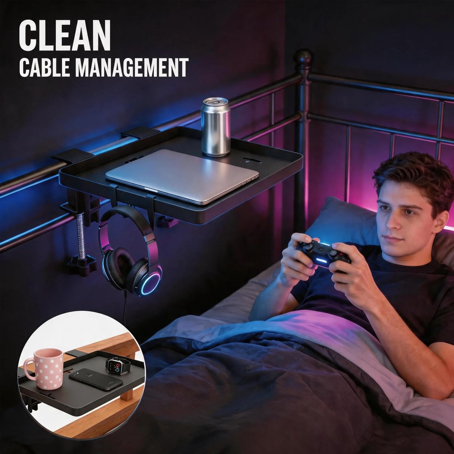 HLiikuikin Bed Shelf Clip-On, Sturdy Bedside Shelf Table Tray, Foldable Bed Side Organizer for Dorm Loft Bedroom（Black）