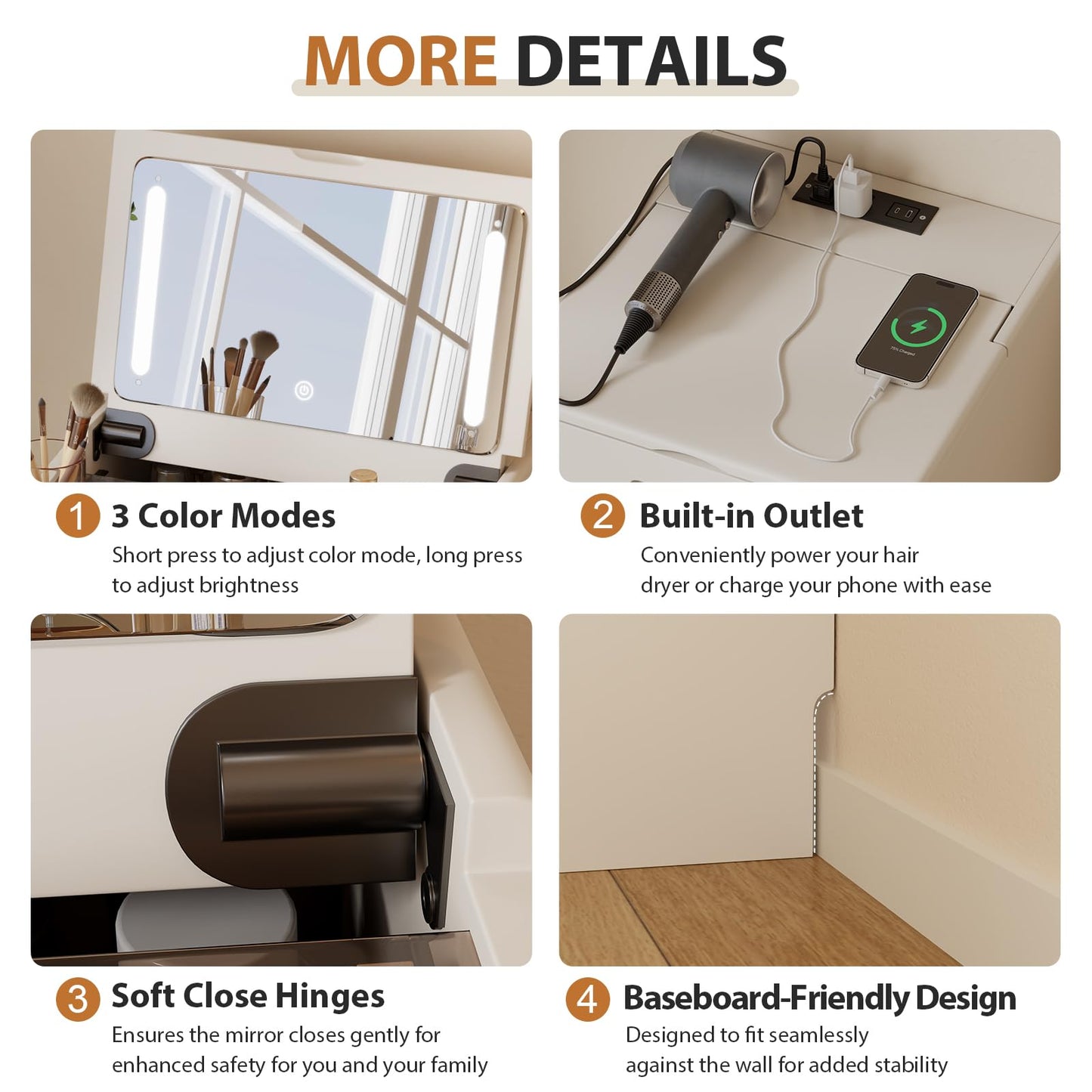 Muwuele Solid Wood 3 in 1 Vanity Desk with Flip Top Mirror, No Assembly, Compact Vanity with Hidden Chair, Small Makeup Vanity Set with Power Outlet, Dressing Table for Bedroom, White