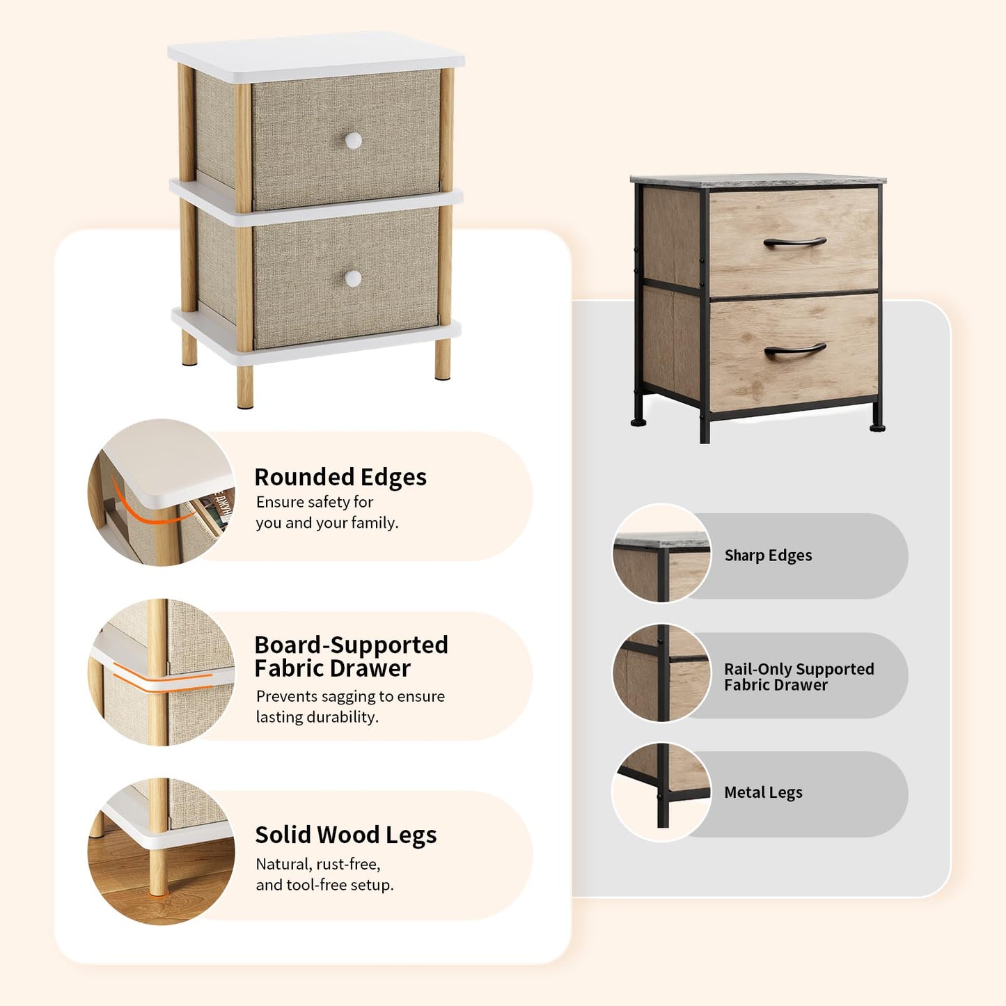 Apicizon Nightstand with 2 Storage Drawers, Boho Side Table with Solid Wood Legs, End Table for Small Spaces, Bedroom, Living Room, Entryway, White+Natural