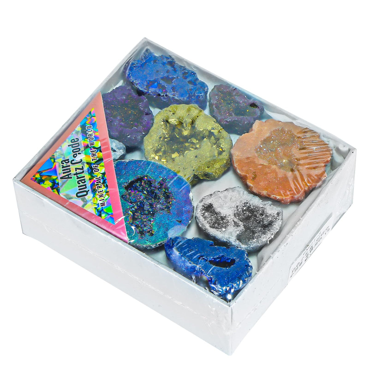 Titanium Coated Quartz Crystal Cluster Geode Druzy Stones Gemstones and Crystals Aura Collection Spiritual Reiki Gifts for Women Adults Meditation Paperweight Home Decor,9pcs in Box
