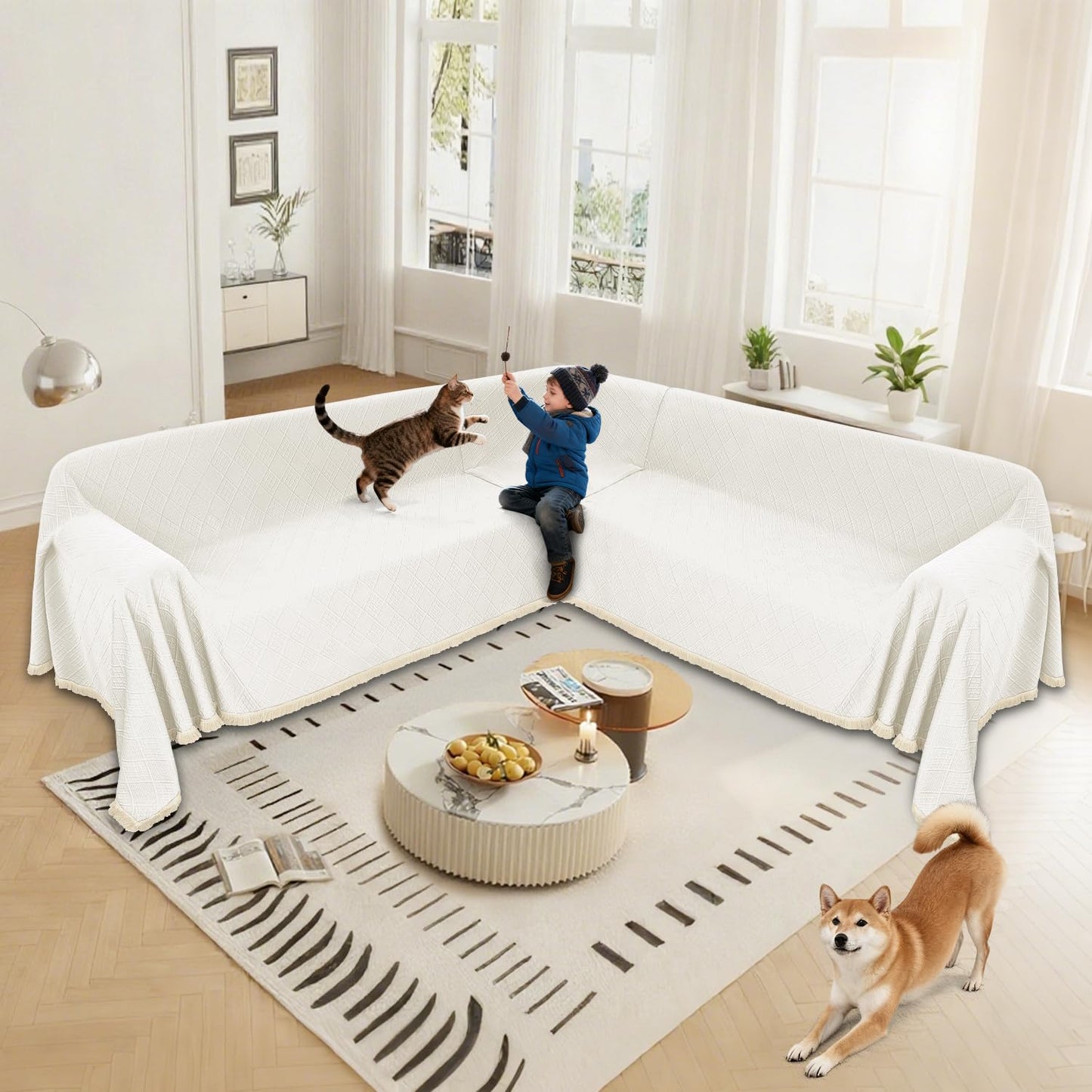 HYZOTEX Waterproof Sectional Couch Covers Sectional Sofa Cover L Shaped Corner Sofa Slipcovers Blanket for Dogs Pets Washable Jacquard Quilted L Shape Furniture Protector (75x252 in, Cream White)