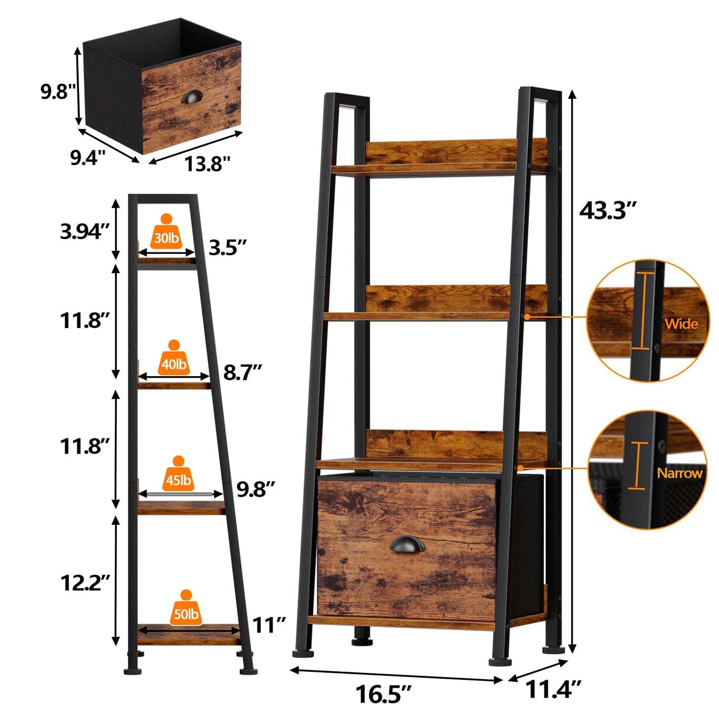 Furologee 4-Tier Ladder Shelf, Ladder Bookshelf with Removable Drawer, Rustic Bookcase Storage Rack Organizer, Wood Metal Freestanding Storage Shelves for Living Room, Home Office, Bedroom, Kitchen