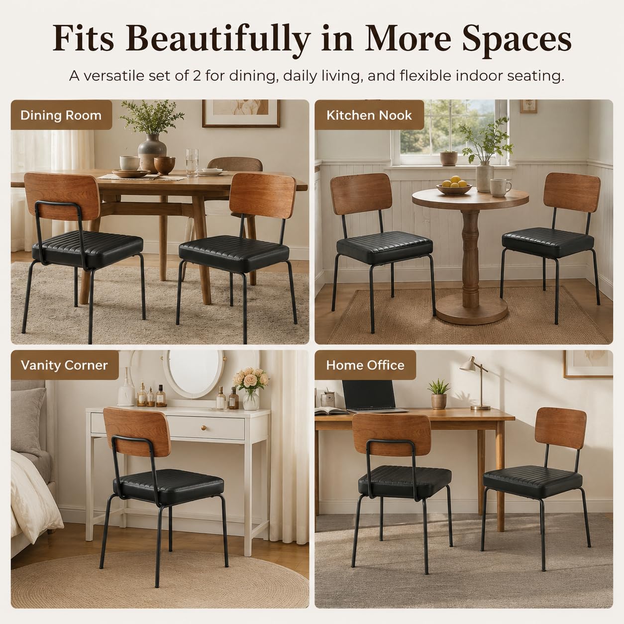 Dining Chairs Set of 2, PU Upholstered Kitchen & Dining Room Chairs with Curved Wood-Grain Plywood Back, Black Metal Legs, Adjustable Foot Pads, Armless Chairs for Dining Room, Kitchen, Vanity, Office