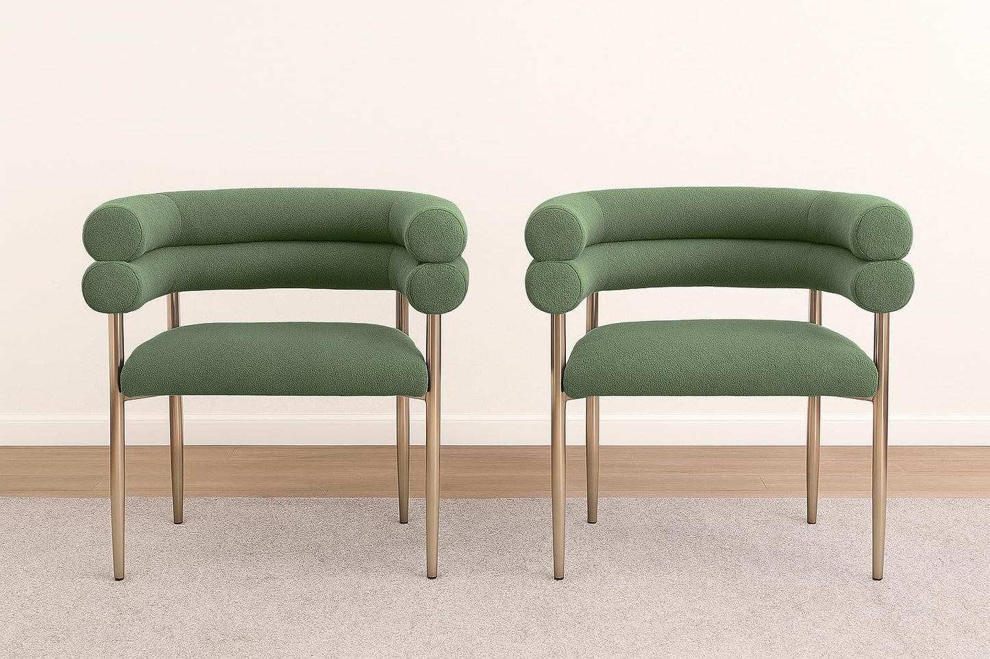 Modern Double Bolster Dining Chairs Set of 2, Teddy Upholstered Tub Chairs with Gold Base, Mid-Century Accent Chairs for Dining Room, Living Room, & Office (Green/Gold)