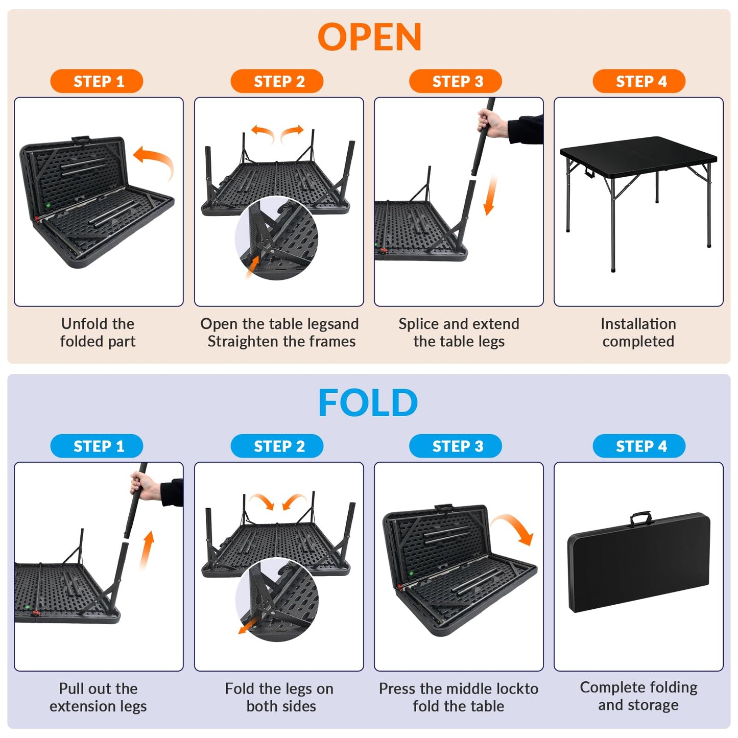 Vampire Killer 34" Square Folding Table, Portable Folding Card Table with Collapsible Legs & Carrying Handle, Plastic Tables for Camping,Picnic, Office, Party,Black