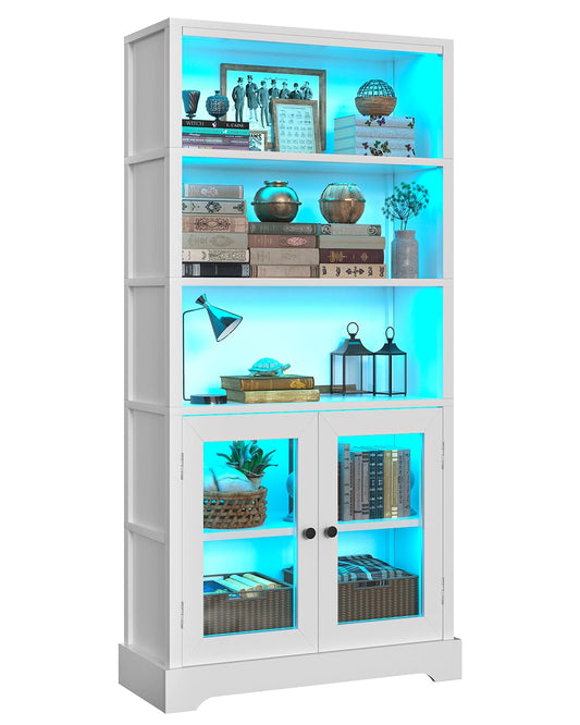 TVU 5-Tier Bookshelf, 65" Bookshelf with Multi-Color Ambient Lights (APP Remote Control), Tall Vertical Display Shelf with Cabinet Doors, Suitable for Living Room, Bedroom, Study, Office, White