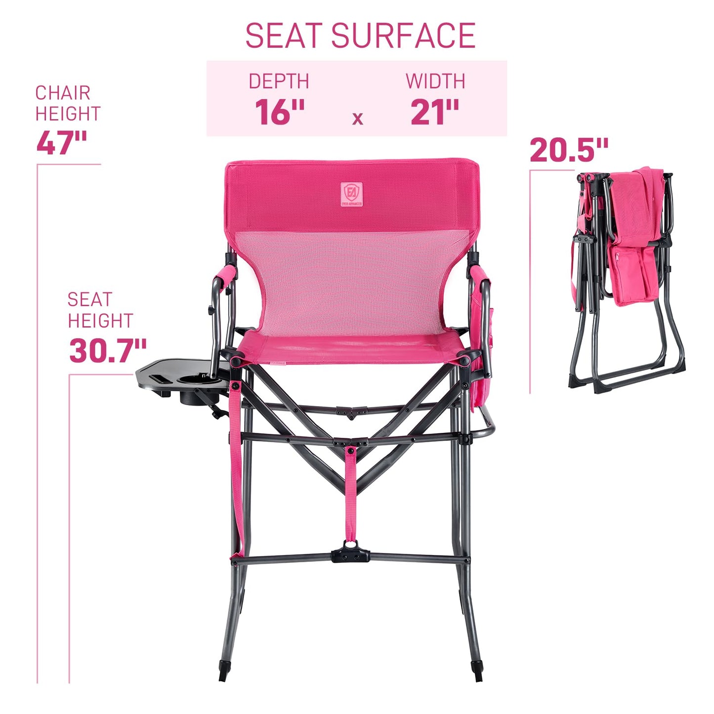EVER ADVANCED Portable 30.7" Seat Height Tall Folding Camping Chair Directors Chair High Foldable Bar Stool with Side Table for Makeup Artist, Sports Event, Craft Show, Textilene Mesh, Supports 350LBS