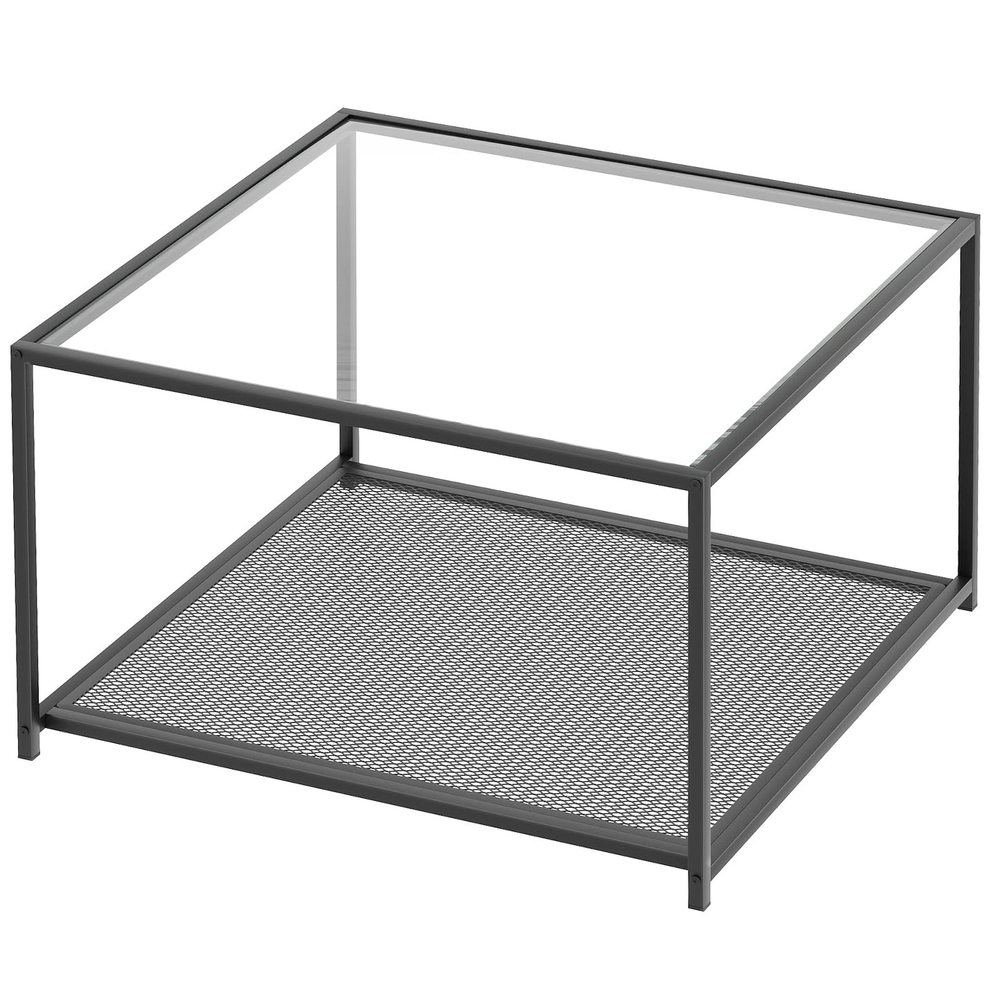 Black Glass Coffee Table, Square Coffee Tables with Storage Shelf, Simple Tea Cocktail Modern Center Tables for Small Space, Living Room, Easy Assembly, 26 * 26in（Black）