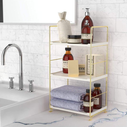 kaileyouxiangongsi 3-Tier Kitchen Spice Rack, Freestanding Stackable Organizer Shelf, Bathroom Countertop Storage Shelf, Cosmetic Organizer Holder, Square Standing Rack (Golden)