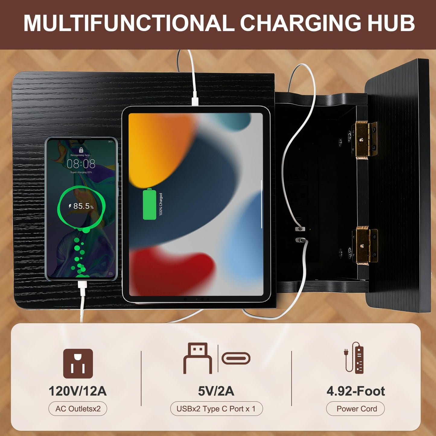 Cazacomzy Small Black Side Table Charging Station for Bedroom, Narrow Black Living Room End Tables with Storage, Skinny USB Nightstand with Outlet, Gaming Coffee Table for Couch with USB Ports