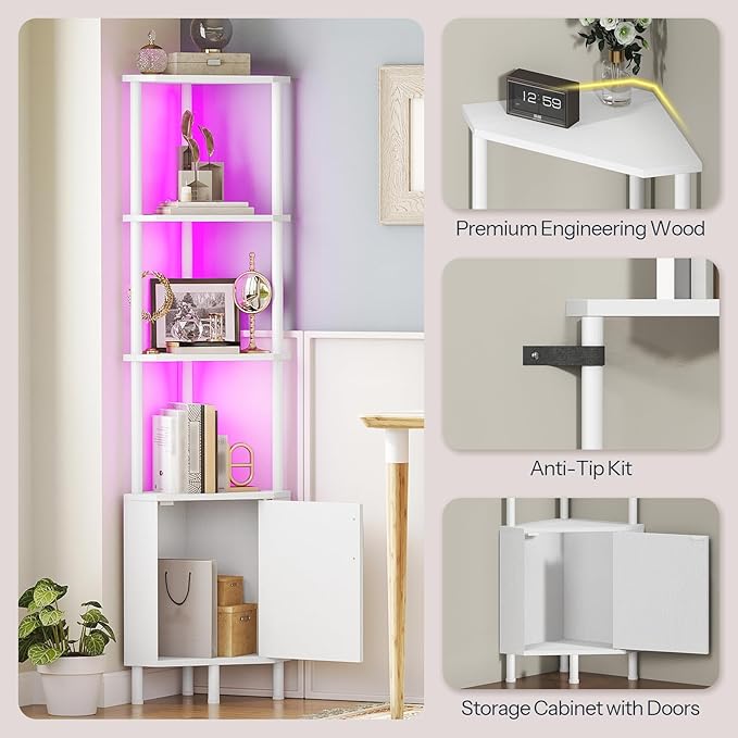 HOOBRO Corner Cabinet with LED Light, Corner Shelf Stand with Storage and Doors