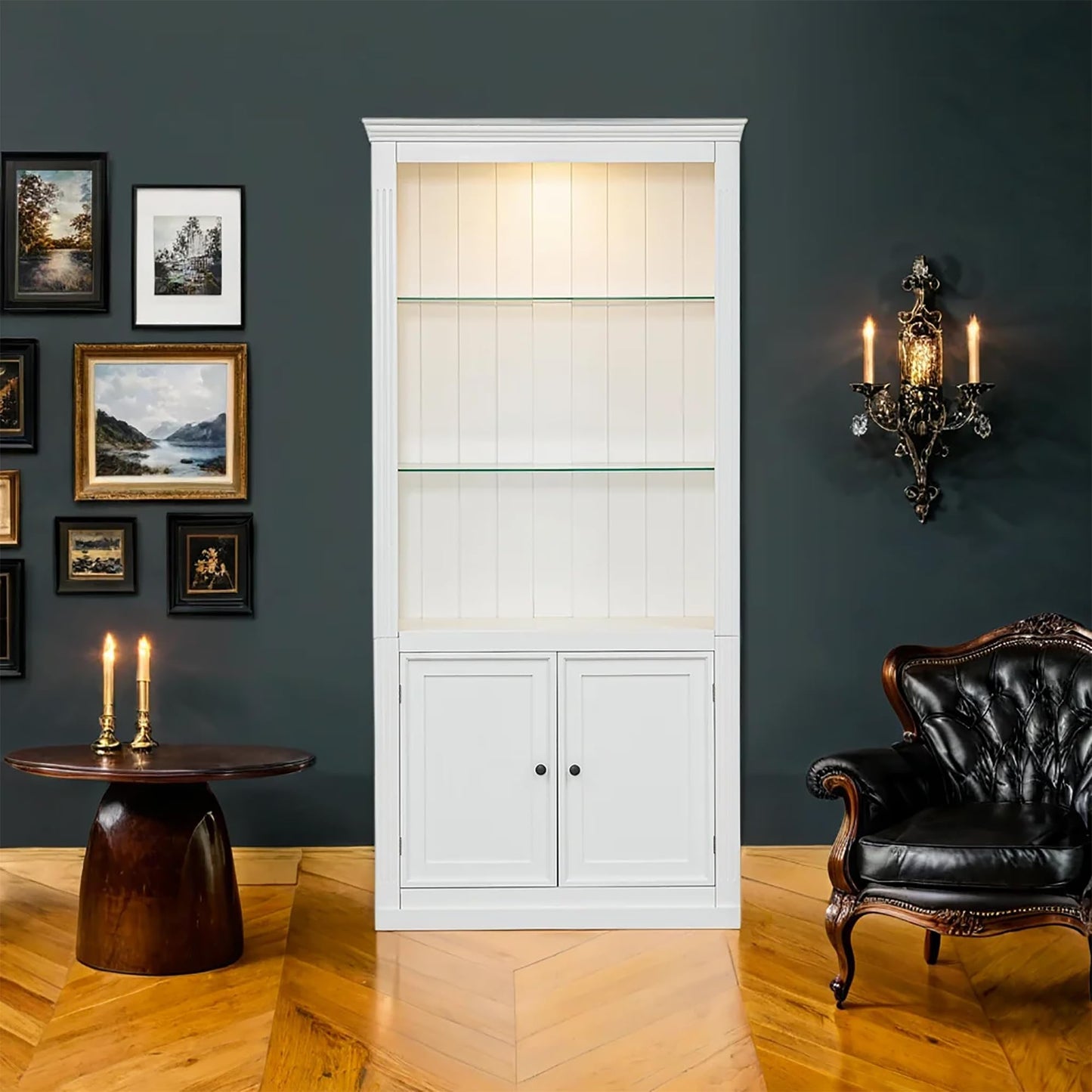 Merax White Narrow Bookshelf 35" Wide 79" MDF Tall Bookcase Collection Books Storage Cabinet with Adjustable 5 Colors Ceiling Light for Living Room, Home Office, Studio