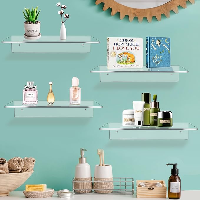 Jansburg 12 Inch L-Shaped Acrylic Floating Shelf Clear Wall Mounted Shelves