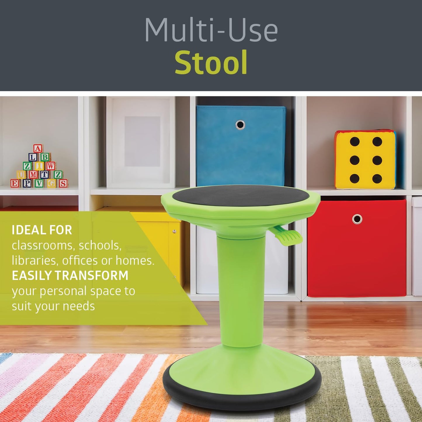Pearington SitFree Height Adjustable Wobble Stool, Active Flexible Seating Chair for Kids and Adults - School and Office, Green