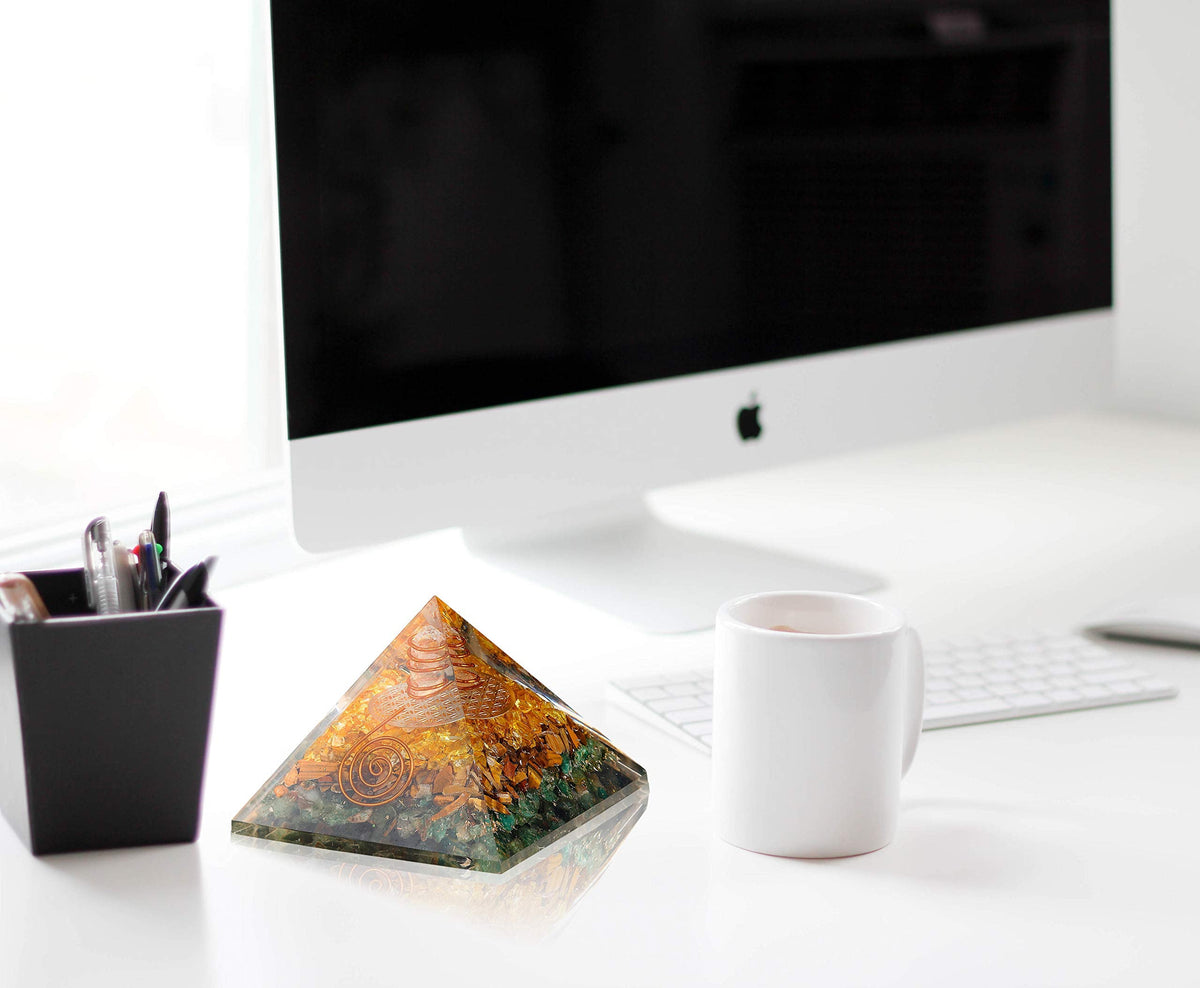 Orgonite Pyramid Crystal-Money Orgone Pyramid-Attract Abundance & Wealth-Crystal Pyramid-Citrine-Tiger Eye-Green Aventurine-for Goodluck & Positive Energy-Chakra Healing & Meditation