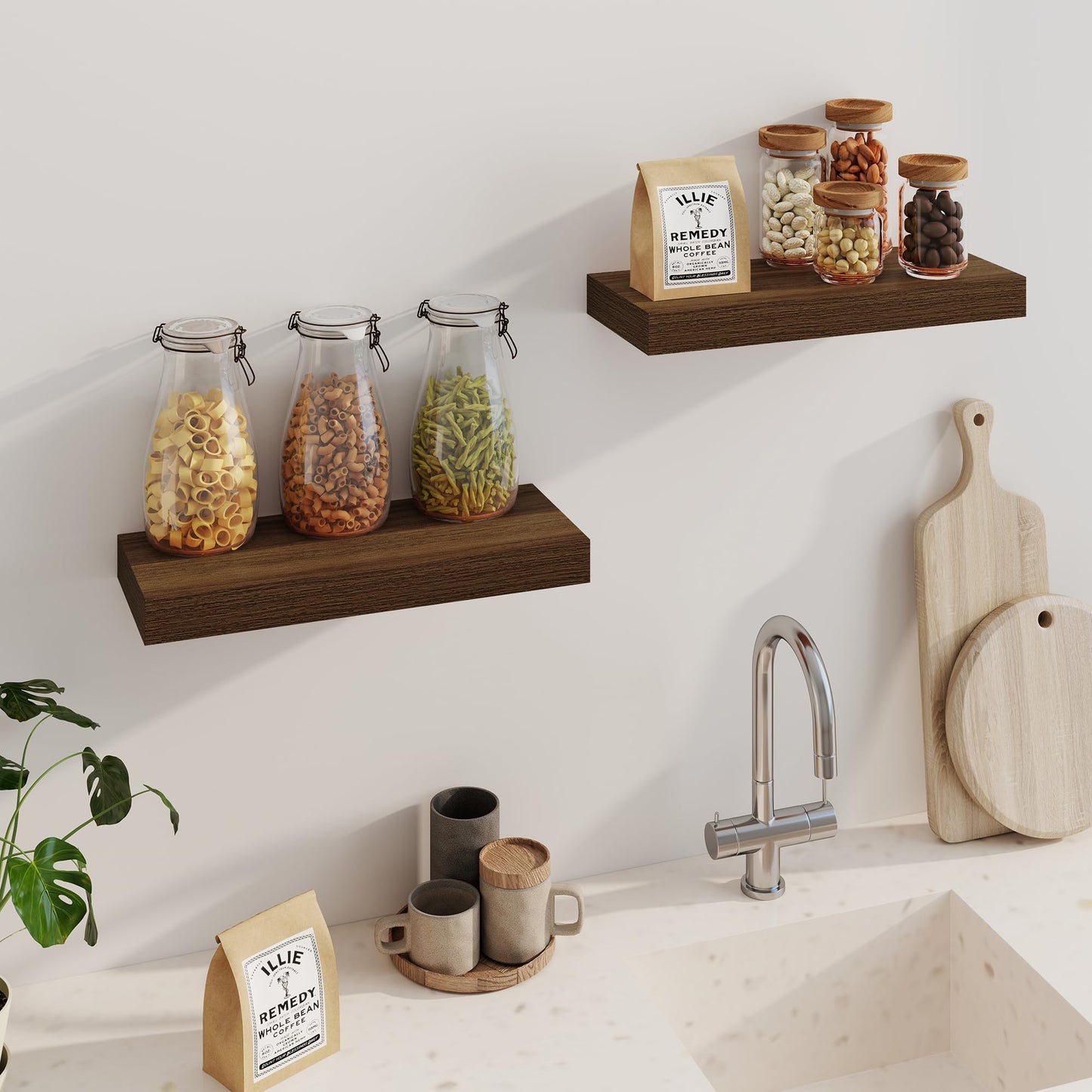 Fun Memories Floating Shelves for Wall, 20 Inch Floating Shelves Set of 2, Hanging Shelf with Invisible Brackets, Wood Shelves for Living Room, Bedroom, Kitchen, Walnut
